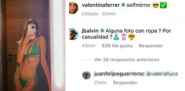 22.11.2021 | Comentario de J Balvin en la publicación de Valentina Ferrer. Foto: captura Valentina Ferrer/Instagram