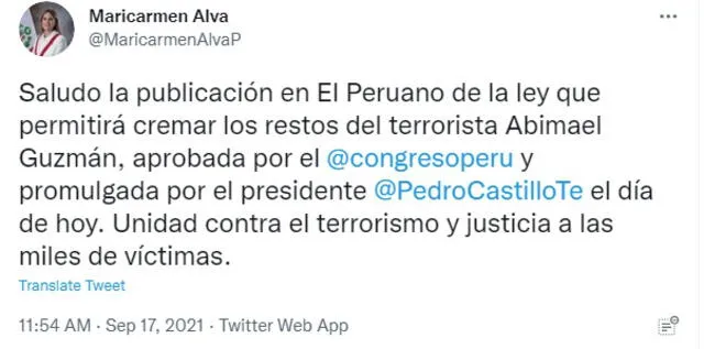 Presidenta del Congreso se pronuncia sobre los restos de Abimael Guzmán.