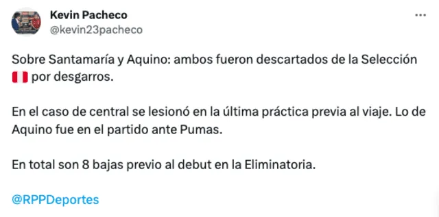 Informe sobre las lesiones de Santamaría y Aquino. Foto: Twitter/Kevin Pacheco.   
