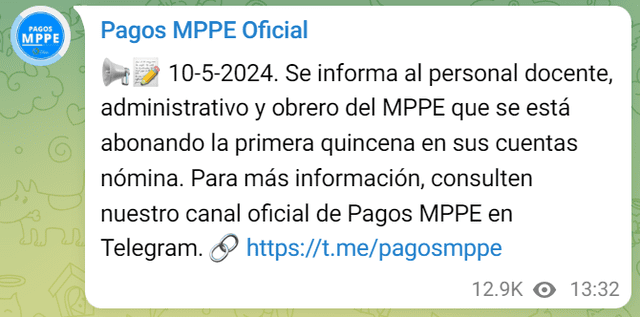 El pago de la primera quincena del MPPE llegó el 10 de mayo. Foto: Pagos MPPE/Telegram