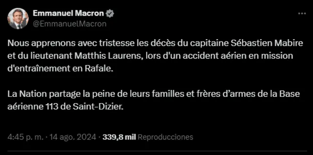 Publicación del presidente de Francia, Emmanuel Macron, sobre el accidente aéreo. Foto: captura de X/Emmanuel Macron   