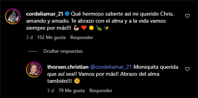 Publicación de Mónica Sánchez al post hecho de Christian Thorsen, quien anunció recientemente su romance. Foto: Instagram. Publicación de Mónica Sánchez al post hecho de Christian Thorsen, quien anunció recientemente su romance. Foto: Instagram.