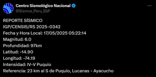 Sismo de magnitud 6.0 sacude Ayacucho. Foto: IGP Sismo de magnitud 6.0 sacude Ayacucho. Foto: IGP
