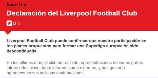 Liverpool se baja de la Superliga