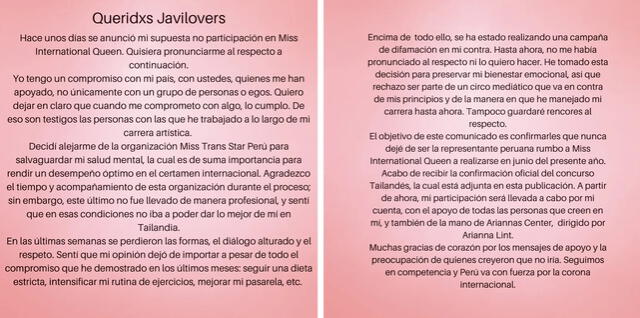 14.4.2022 | Comunicado de  Javiera Arnillas sobre Miss Trans Star Perú. Foto: Instagram