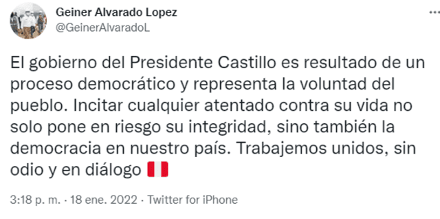 Ministros rechazan mensaje amenazante hacía el presidente Pedro Castillo. Foto: captura de Twitter.