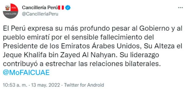 Comunicado del Ministerio de Relaciones Exteriores del Perú. Foto: CancilleriaPeru / Twitter