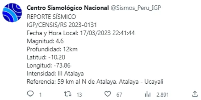 Sismo de 4.6 en Ucayali. Foto: IGP   