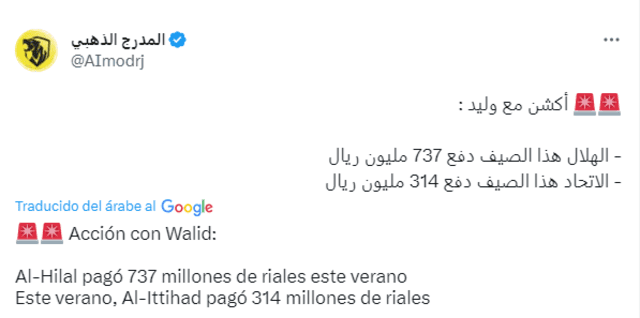 La comparación del gasto en fichajes entre Al Hilal y Al-Ittihad. Foto: Captura Twitter   