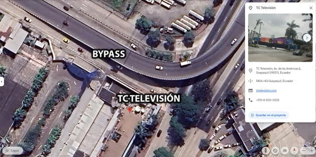  Guayaquil. TC Televisión se ubica cerca al bypass, en donde se grabó a los policías del video. Foto: captura / Google Earth.    