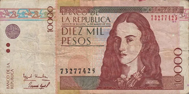  Billete de 10.000 pesos colombianos. Foto: Numista    