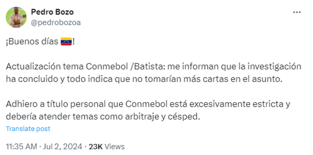 Así dio a conocer la información el periodista Pedro Bozo en redes sociales. Foto: Pedrobozoa/X   