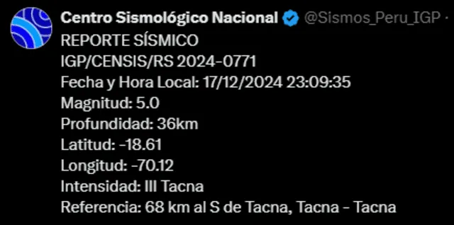  IGP dio a conocer el temblor de magnitud 5.0 en Tacna. Foto: IGP<br><br>    