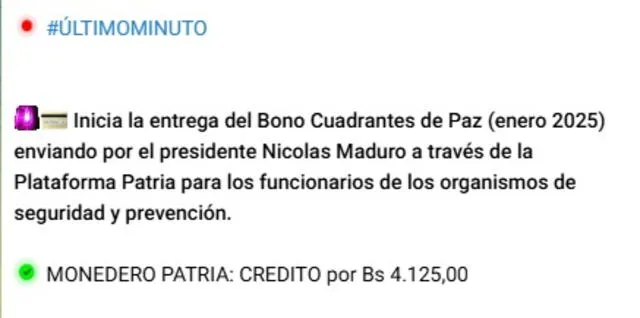 Anuncio del Bono Cuadrante de Paz de enero 2025. Foto: Canal Patria Digital Anuncio del Bono Cuadrante de Paz de enero 2025. Foto: Canal Patria Digital