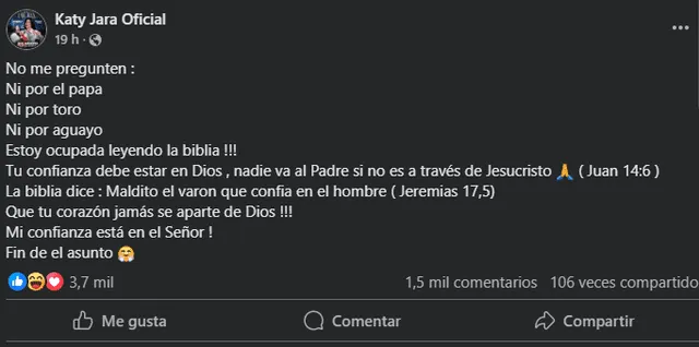 La polémica publicación de Katy Jara sobre elección del papa León XIV. Foto: Facebook. La polémica publicación de Katy Jara sobre elección del papa León XIV. Foto: Facebook.