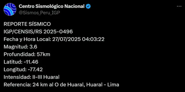 Sismo de magnitud de 3,6 sacude Lima. Foto: IGP Sismo de magnitud de 3,6 sacude Lima. Foto: IGP