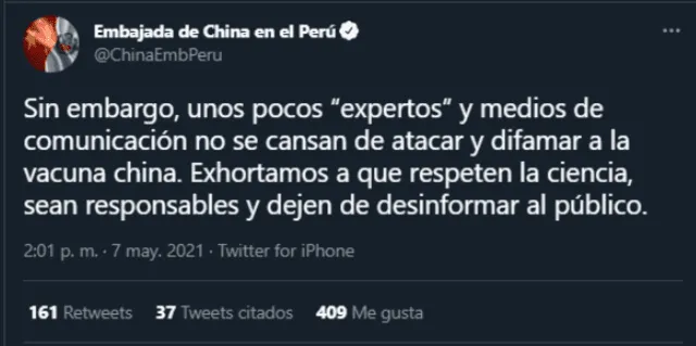 Embajada de China en Perú sobre Sinopharm. Foto: Twitter/captura