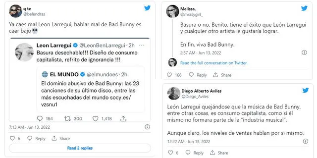 Usuarios reaccionaron al tuit de León Larregui sobre Bad Bunny. Foto: captura Twitter