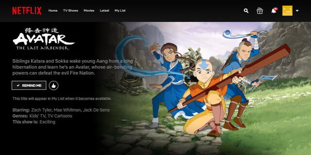Avatar la leyenda de Aang en Netflix