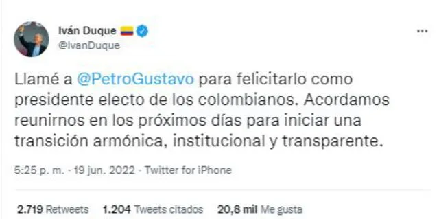 Iván Duque envía mensaje a Gustavo Petro. Foto: captura Twitter