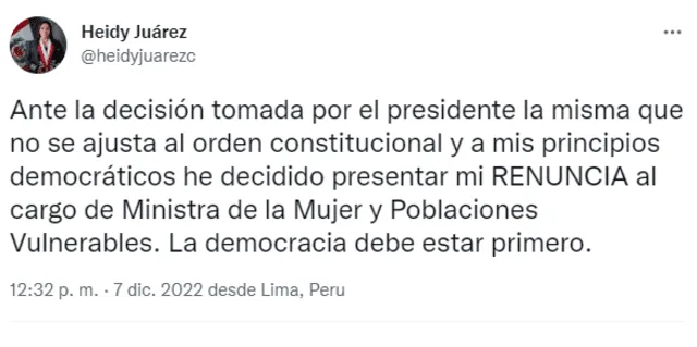 Heidy Juárez hizo publica su renuncia al Ministerio de la Mujer en Twitter