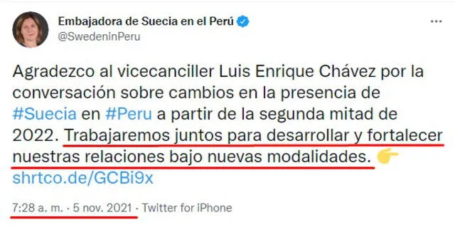 Tuit de la embajadora sueca donde reafirma el trabajo conjunto entre Perú y Suecia en el fortalecimiento de las relaciones diplomáticas. FOTO: Captura de Twitter.
