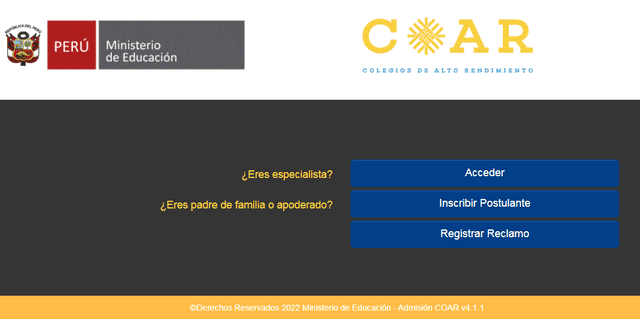 Interfaz del proceso de inscripción en la página oficial del COAR. Foto: captura