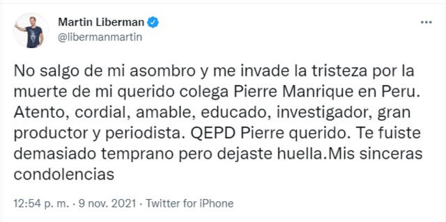 Liberman dejó un sentido mensaje tras la partido de Pierre Manrique.