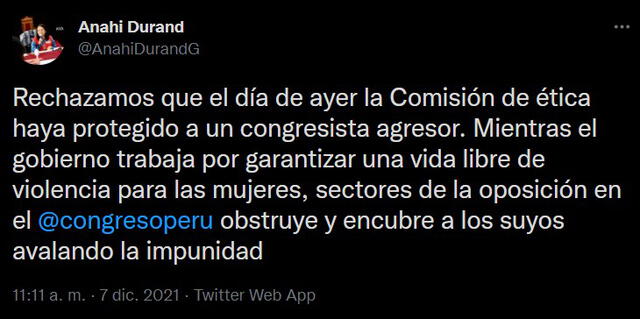 Ministra Anahí Durand pide que Comisión de Ética reconsidere su votación. Foto: Captura de Twitter