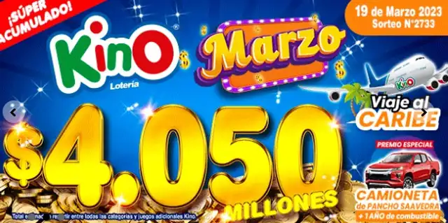 Kino de HOY, 19 de marzo acumula 4. 050 millones de pesos. Foto: Lotería CL Kino de HOY, 19 de marzo acumula 4. 050 millones de pesos. Foto: Lotería CL