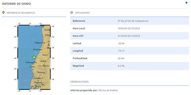  Epicentro del sismo en Chile, lunes 02 de octubre de 2023. Foto: CSN<br>    