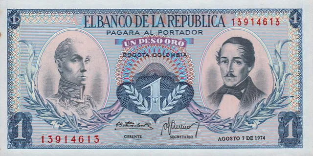  Billete de 1 peso colombiano. Foto: Numista    