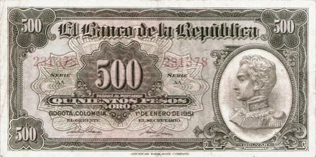 Billete de 500 pesos colombianos. Foto: Numista   