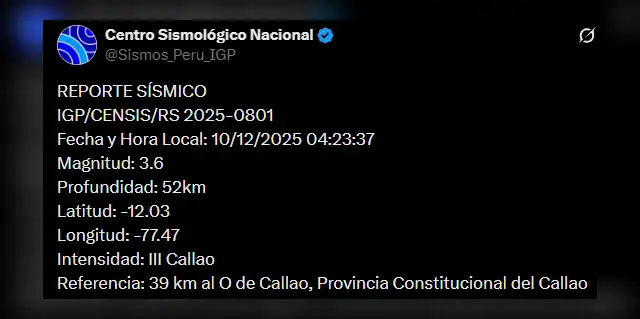  Sismo de 3,6 se sintió en el Callao. Foto: IGP    