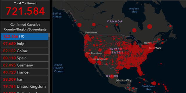 Así se muestra la propagación del coronavirus en los diferentes estados de Estados Unidos. Foto: captura.