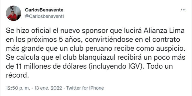 Alianza Lima tiene sponsor principal hasta el 2026. Foto: captura Twitter