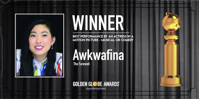 Awkwafina ganadora a Mejor actriz en película - musical o comedia por The Farewell. Foto: Golden Globe