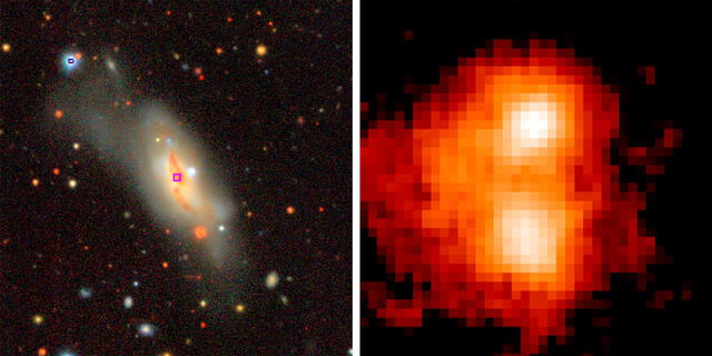 A la izquierda, una mezcla de dos galaxias que chocaron. A la derecha, la ampliación del recuadro rosa, muestra la ubicación de dos agujeros negros. Foto: MJ. Koss