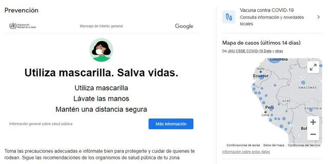 Al hacer clic se muestran consejos de prevención, mapa de casos en el Perú y dónde hallar vacunas. Foto: captura de Google