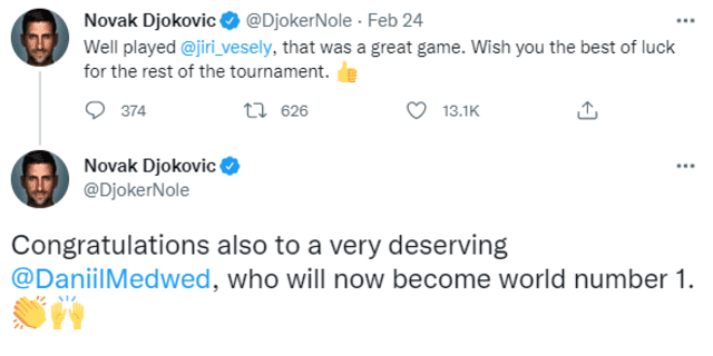 Publicación de felicitación de Novak Djokovic. Foto: Twitter Novak Djokovic