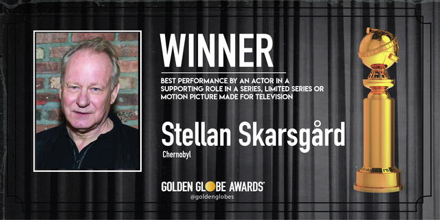 Stellan Skarsgård ganador de Mejor actor de reparto en serie limitada o película para TV. Foto: Golden Globes