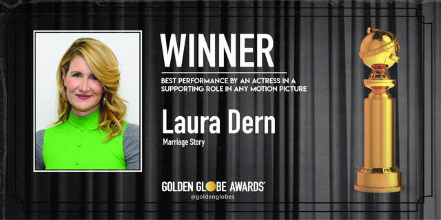 Laura Dern ganadora a Mejor actriz de reparto en película por Marriage Story. Foto: Golden Globe