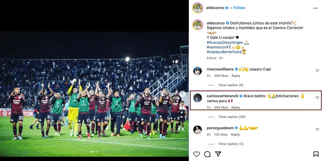 Mensaje de Carlos Zambrano a Aldo Corzo. Foto: captura de Instagram/Aldo Corzo   