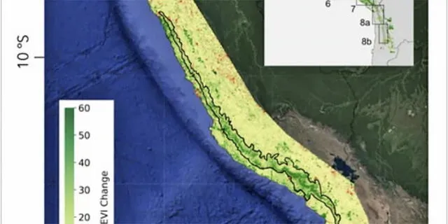Gran parte de la costa de Perú se vuelve más verde. Foto: Remote Sensing    