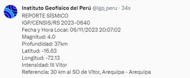  Información sobre el sismo. Foto: IGP    