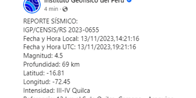  Información sobre el sismo. Foto: IGP    