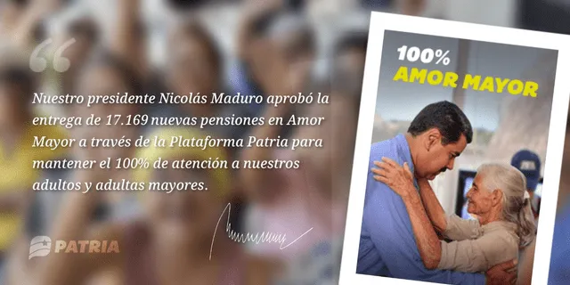 El Bono 100% Amor Mayor es entregado a los adultos mayores en Venezuela. Foto: Plataforma Patria/X   