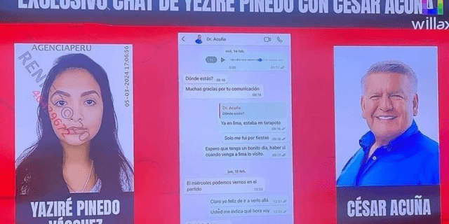  Conversación entre Yaziré Pinedo y César Acuña. Foto: captura de pantalla/Willax   