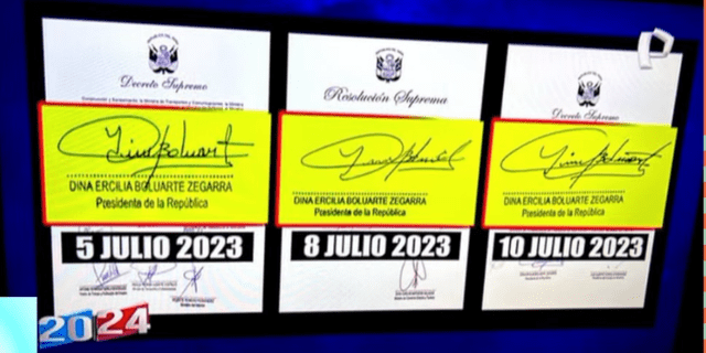 Firmas diferentes de Dina Boluarte. Foto: captura Panamericana   