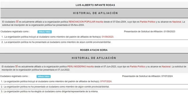  Arriba: afiliación política de Luis Alberto Infante Rodas | Abajo: Afiliación política de Roger Ayachi Soria | Fuente: ROP.    